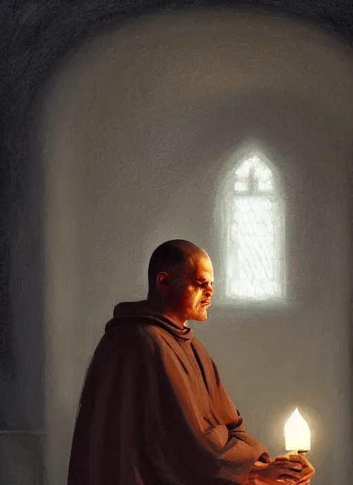 Prompt: oil painting portrait of a weeping sobbing tonsured dominican monk in a brown habit, kneeling in a dark empty chapel, hazy, digital art, artstation, cinematic, moonlight, digital art painting by greg rutkowski, cozy atmosphere, cinematic lighting