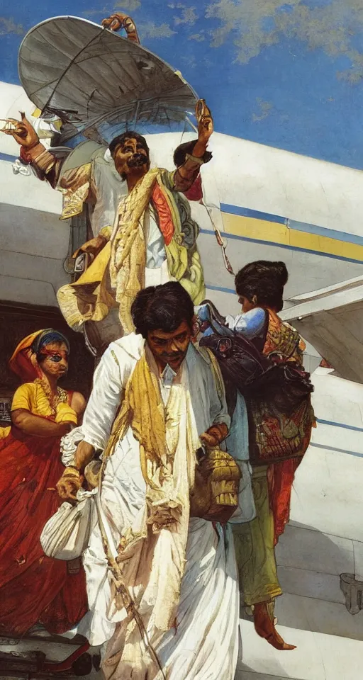 Prompt: close up of an Indian doctor disembarking from an airplane at Heathrow, sun shining, photo realistic illustration by greg rutkowski, thomas kindkade, alphonse mucha, loish, norman rockwell.