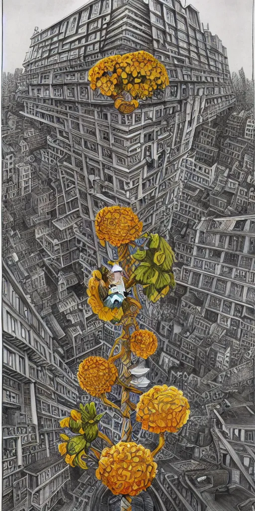 Prompt: colossal MC Escher flower in the middle of post soviet constructivist cityscape, Stalinist architecture, ultradetailed, Intricate by Hayao Miyazaki and Josan Gonzalez and Giuseppe Arcimboldo and Wes Anderson and H.R. Giger