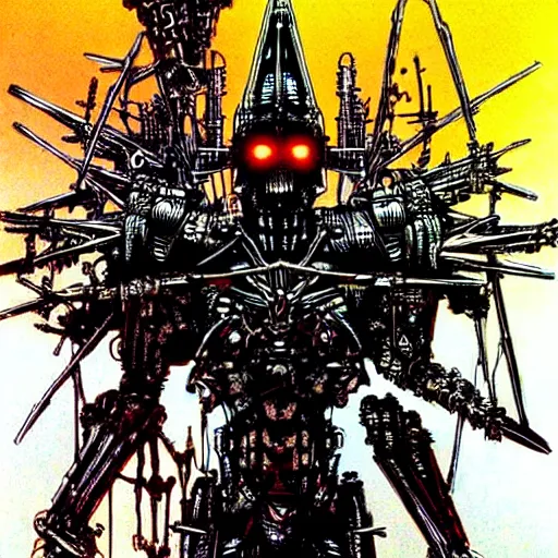 Prompt: cyborg undead Warrior, dark metal pyramids in the background, art by Philippe Druillet