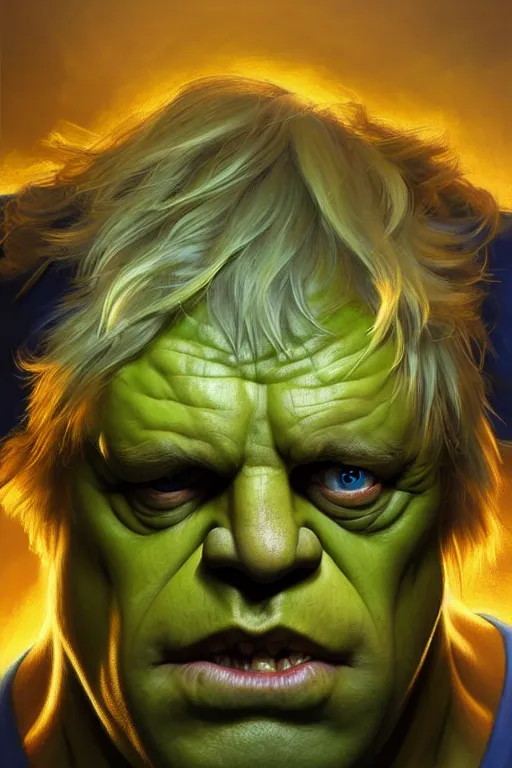 Image similar to Boris Johnson as Hulk, visible face, realistic portrait, gold and blue, highly detailed, digital painting, artstation, concept art, smooth, sharp focus, illustration, cinematic lighting, art by artgerm and greg rutkowski and alphonse mucha