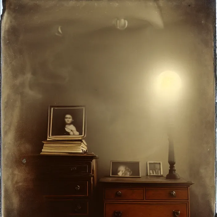 Prompt: kodak portra 4 0 0, wetplate, fisheye, award - winning portrait by britt marling, 1 8 8 0 s bedroom, ghost, picture frames, shining lamps, dust, smoke, 1 8 8 0 s furniture, wallpaper, carpet, books, muted colours, wood, fog, plants, flowers