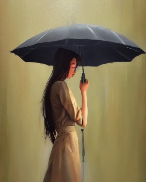 Image similar to an ultradetailed beautiful portrait painting of a stylish girl standing in the rain, side view, oil painting, by ilya kuvshinov, greg rutkowski and makoto shinkai