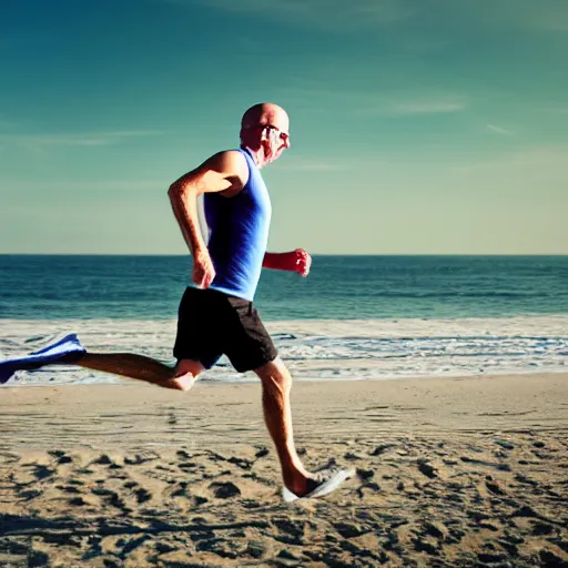 Image similar to Walter White running on the beach, artistic, 8k, cinematic, accurate, symetric, face, dramatic lighting, pastel colours