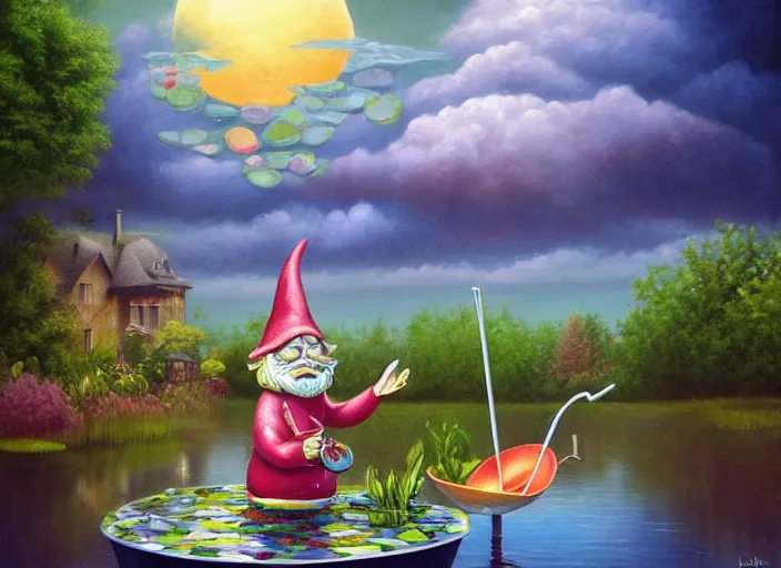 Image similar to a garden gnome sailing in a bucket, whimsical background of a reflective pond on a sunny day with dramatic clouds, an ultrafine detailed painting by mark ryden, trending on deviantart, pop surrealism, whimsical, lowbrow, joyous, perfect symmetrical face