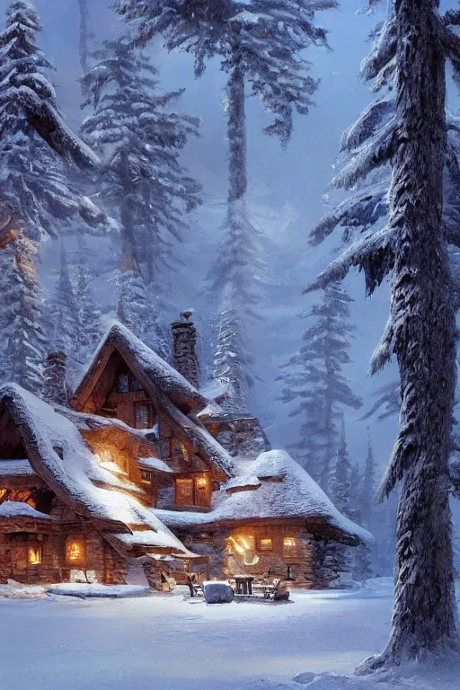 Prompt: snowy cozy mountain lodge by a small frozen lake in a forrest in canadian mountains in the evening sun, iceicles, by philippe gare, artstation, greg rutkowski