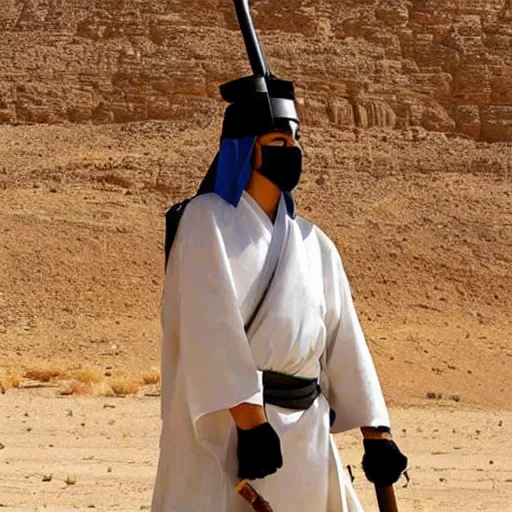 Prompt: masked egyptian samurai with katana, standing in desert