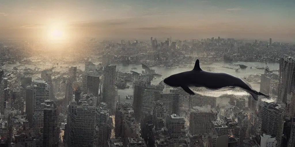 Prompt: a huge whale is floating in the air near a skyscraper, epic, surreale, cinematic shot, golden hour, atmosphere, no water!. high definition