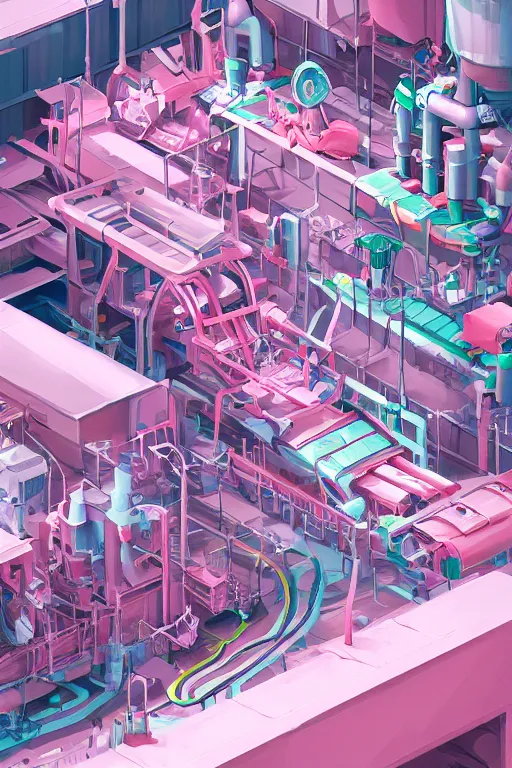 Image similar to Diaper Disposal Factory, Overflowing with Diapers, digital art, fantasy, trending on artstation, professional illustration, cgsociety, ultra detailed, celshaded, colorful, mechanical, conveyor belt, vat of pink liquid