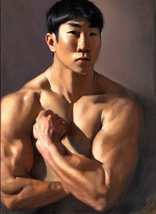 Prompt: a portrait of a muscular korean man with beautiful brown eyes and short black hair, art by manuel sanjulian