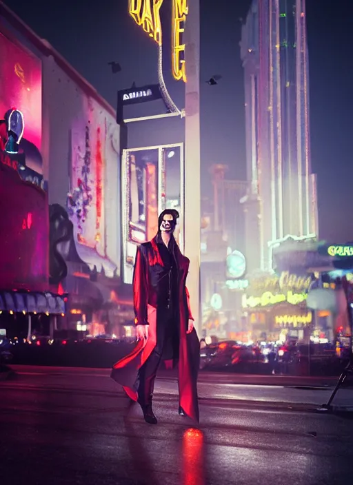 Image similar to 35mm kodak portra photograph of a darkwave vampire on the Las Vegas strip at night by tom bagshaw, cinematic, hyper realism, high detail, octane render, 8k highly professionally detailed, trending on artstation, CGsociety, HDR, concept art