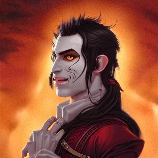 Prompt: Facial portrait of a tiefling bard, looking at the camera, slight awkward smile, lips slightly parted, no hands visible, blushing, intricate, extremely detailed painting by Greg Rutkowski and by Henry Justice Ford and by Steve Henderson