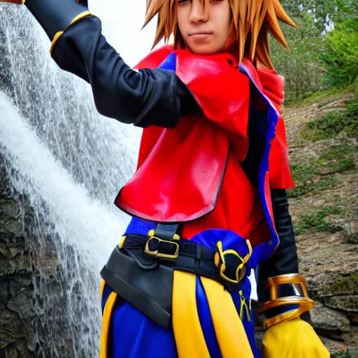 Prompt: kingdom hearts sora cosplay near waterfall close up low angle 85mm