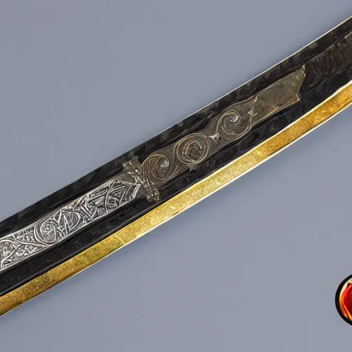 Prompt: A long Kitana style sword. Prominent herons are seen on the blade. Ordinary and worn hilt. Black background, shiny. Full blade visible. 8K.