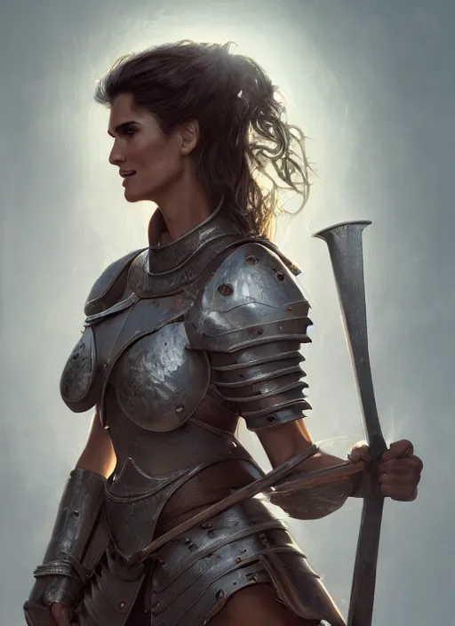 Image similar to portrait of angie harmon as a legendary knight warrior, au naturel, hyper detailed, digital art, trending in artstation, cinematic lighting, studio quality, smooth render, unreal engine 5 rendered, octane rendered, art style by klimt and nixeu and ian sprigger and wlop and krenz cushart.