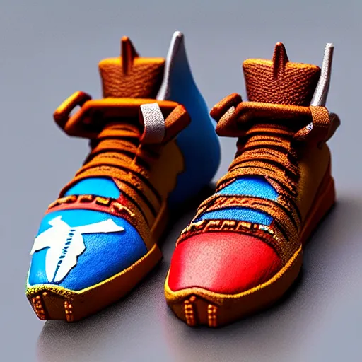 Image similar to realistic scultpure of plastic toy sneaker! design, sneaker design overwatch botw fantasy style mixed with aztec mayan native street fashion, focus on sneakers only, shoes designed by akira toriyama and studio ghibli