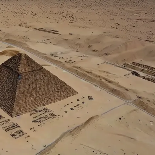 Prompt: drone footage of the construction of the pyramids, ultra high definition, ancient Egypt, desert, many slave workers