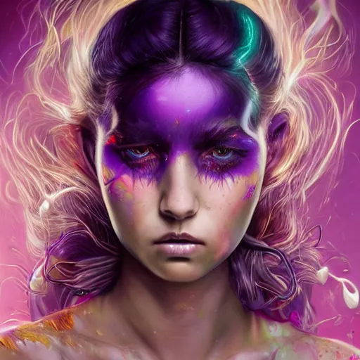 Image similar to detailed photo portrait of a furious teen girl with thin, hair-like purple tentacles on her head and bright purple eyes, 8k,by tristan eaton, Stanley Artgermm,Tom Bagshaw,Greg Rutkowski,Carne Griffiths,trending on DeviantArt, face enhance,hyper detailed ,full of colour, dramatic lightning