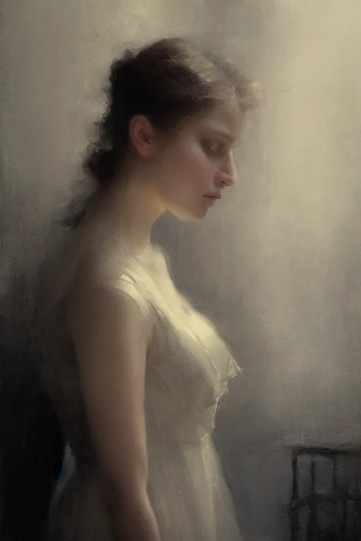 Prompt: detailed cinematic moody colors studio portrait of the memories of a victorian lady with a sensual pose, high quality by jeremy mann, only one head single portrait