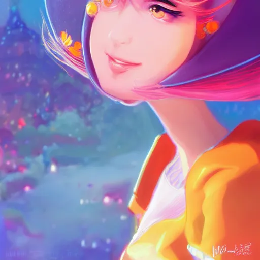 Image similar to portrait of princess peach, colorful background, rich vivid colors, ambient lighting, dynamic lighting, 4k, official media, anime key visual, makoto shinkai, ilya kuvshinov, lois van baarle, rossdraws, detailed, trending on artstation