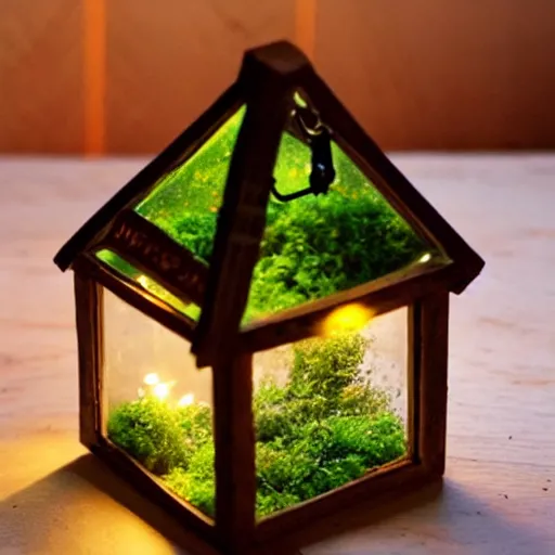 Image similar to a tiny wooden cottage with warm lights inside a terrarium bottle.