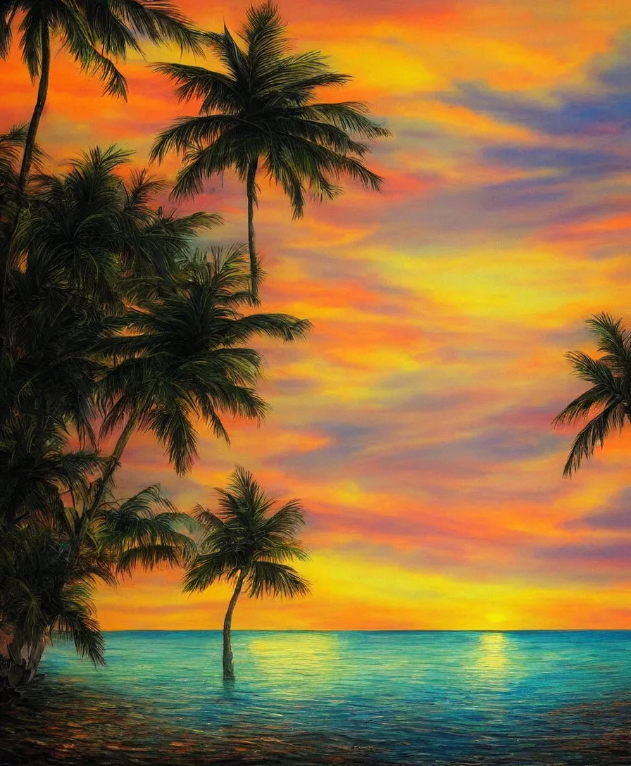 Prompt: dreamlike painting of a paradise island, sunset