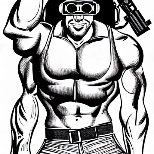 Image similar to muscular man, black vest with no shirt underneath, goggles around his neck, cargo pants, ammo belt, holding a blaster, long black hair in a ponytail, five o' clock shadow, comic book art, full body shot