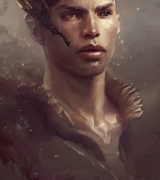 Image similar to portrait of male ranger, WLOP, James Jean, tom bagshaw, rococo, trending on artstation, glossy eyes, face, fantasy, intricate, elegant, highly detailed, digital painting, concept art, smooth, sharp focus, illustration, cinematic lighting, hyper realism, octane render, 8k, hyper detailed.