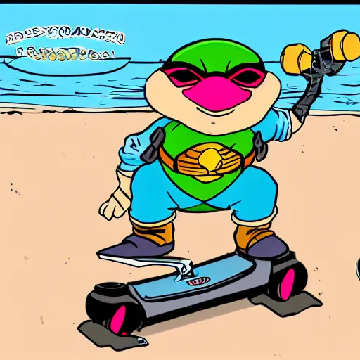 Image similar to a dodo wearing street clothes, a backwards ballcap and gold chain around its neck, surfing on on a hover board at a skate park at the beach, 1990s cartoon, teenage mutant ninja turtles