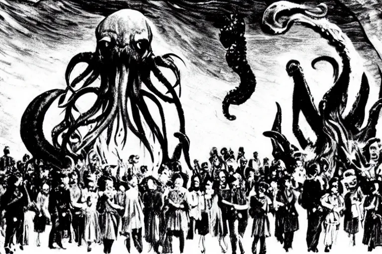 Prompt: u. s. government classified archival footage of the summoning of cthulhu, declassified from library of congress, preserved footage, scans of film