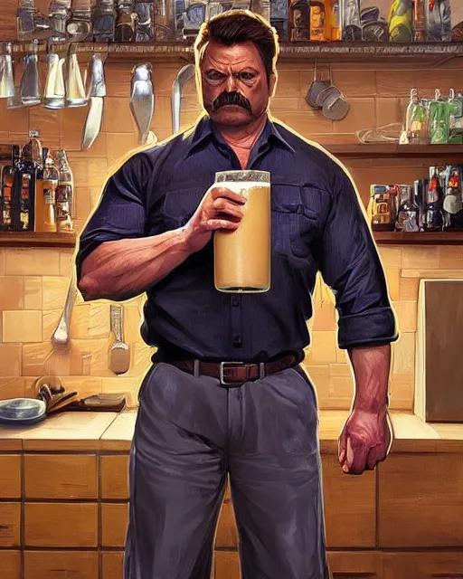 Image similar to gigachad ron swanson bodybuilder holding a pint of beer in final fight kitchen by ilya kuvshinov, ernest khalimov body by krista sudmalis, fantasy character portrait, ultra realistic, concept art, intricate details, elegent, digital painting, smooth, sharp focus, illustration, art by artgerm and greg rutkowski and alphonse mucha, artstation