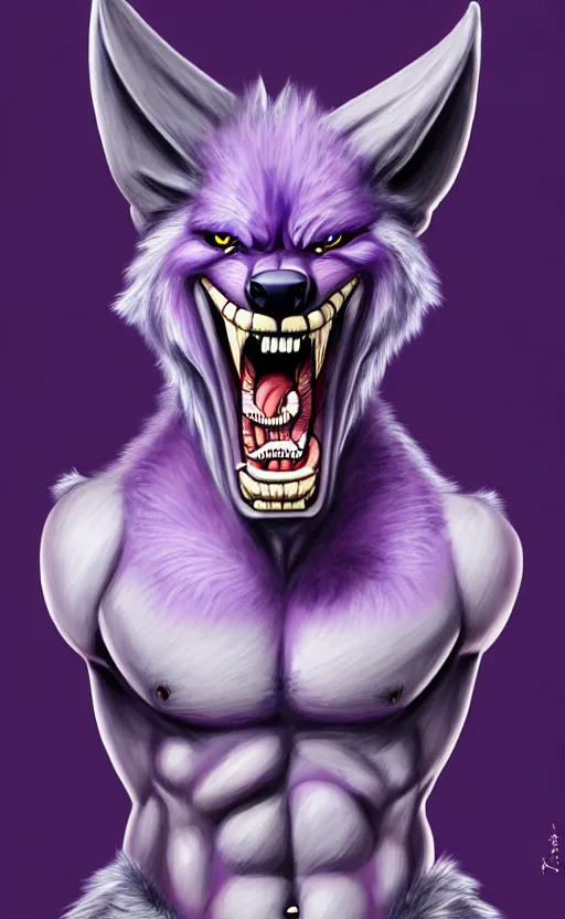 Image similar to painting of an anthropomorphic bulky muscular purple wolf, furry style, wearing jeans, deviant art, fursona, professional furry drawing, insanely detailed, bulky wolf - like face with dragon features, doing a pose from jojo's bizarre adventure, detailed veiny muscles, exaggerated features, beautiful shading, huge teeth, grinning, colorful background