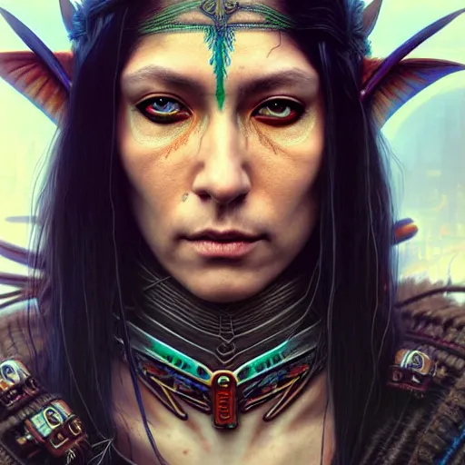 Image similar to portrait painting of a cyberpunk native american elven street samurai, ultra realistic, concept art, intricate details, eerie, highly detailed, photorealistic, octane render, 8 k, unreal engine. art by artgerm and greg rutkowski and charlie bowater and magali villeneuve and alphonse mucha