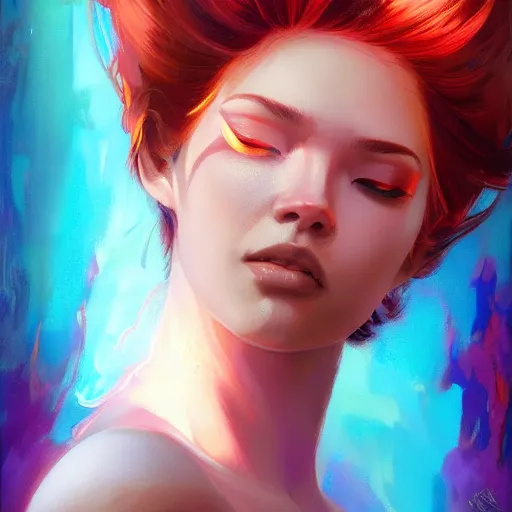 Image similar to half - flame frostcore woman with cute - fine - face, pretty face, multicolored hair, realistic shaded perfect face, extremely fine details, fine details, by realistic shaded lighting poster by ilya kuvshinov katsuhiro otomo, magali villeneuve, artgerm, jeremy lipkin and michael garmash and rob rey