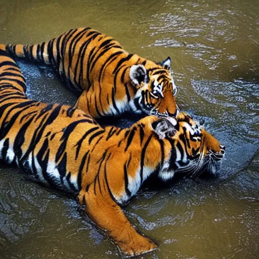 Prompt: analogue photo of a tiger cubs in a pond of black oil