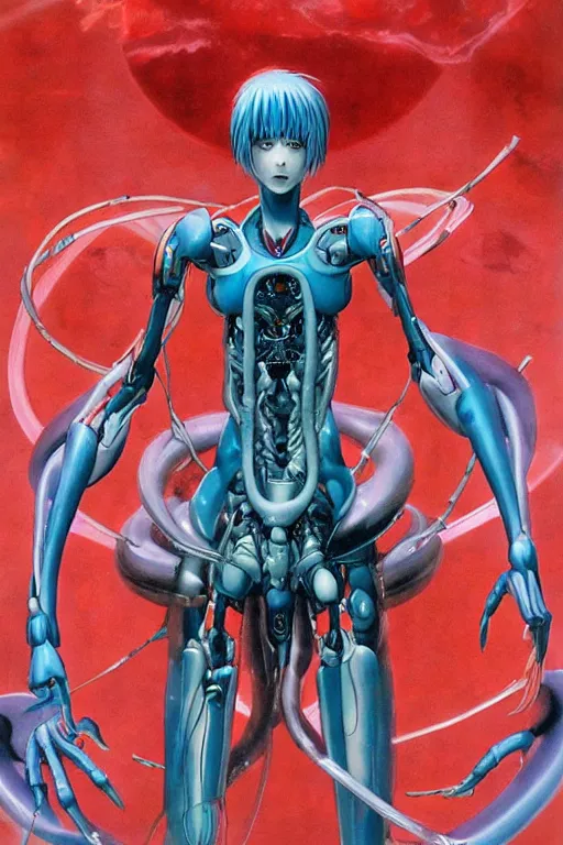 Prompt: female anime character rei ayanami cyborg in the center giygas epcotinside a space station eye of providence beksinski finnian vivid hr giger to eye hellscape mind character environmental