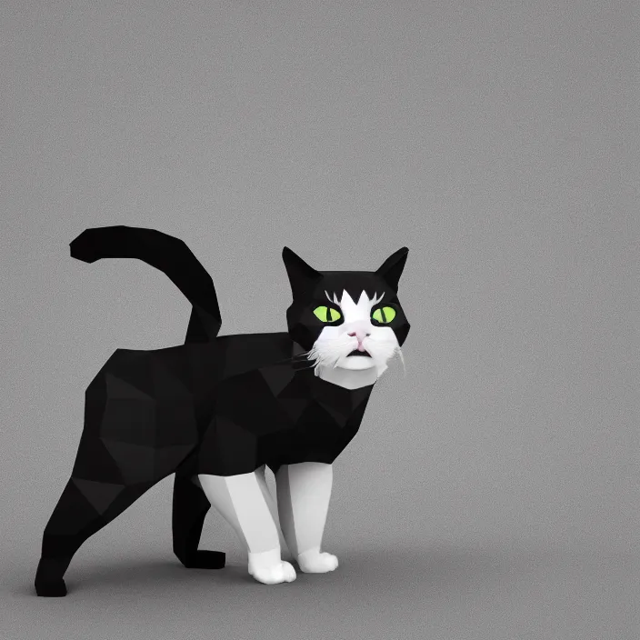 Prompt: low polygon, 3 d render, cat with black and white fur, isometric view, white background, high definition