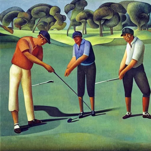 Image similar to Three golfers on a beautiful golf course, by Diego Rivera