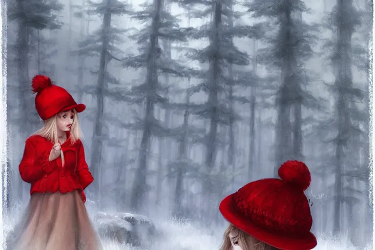 Prompt: a little girl in red hat forest, by charlie bowater