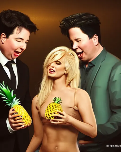 Prompt: A drunk Michael Mcintyre with a blonde woman eating pineapple in a nightclub,real life skin, intricate, elegant, highly detailed, artstation, concept art, smooth, sharp focus, photo