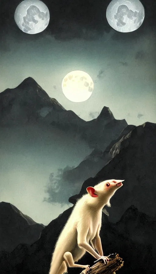 Image similar to hyper realistic white fruit bat, flying against a dark black night sky, mountain in the background, moonlight, denoised, very detailed, painted by, norman rockwell, tom bagshaw