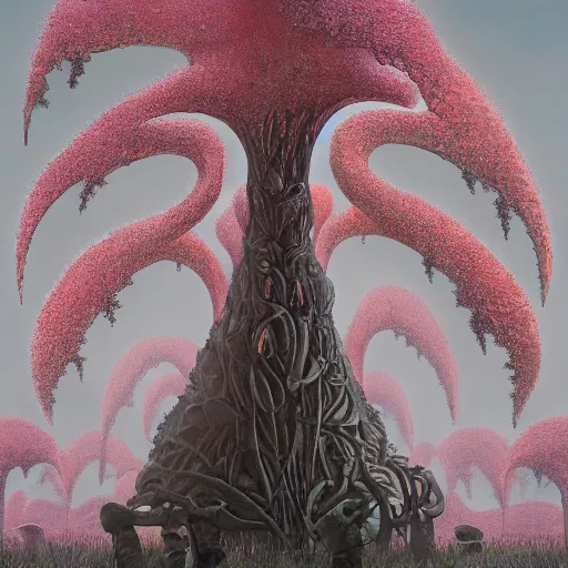 Image similar to concept art of a slender giant fractal golem, elegant, day time, foreboding, fantasy, field, flowers, trending on artstation, wayne barlowe