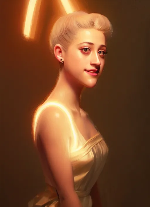 Image similar to portrait of lili reinhart, smiling kindly, bangs, 1 9 6 0 s, ponytail, bangs and ponytail, intricate, elegant, glowing lights, highly detailed, digital painting, artstation, concept art, smooth, sharp focus, illustration, art by wlop, mars ravelo and greg rutkowski