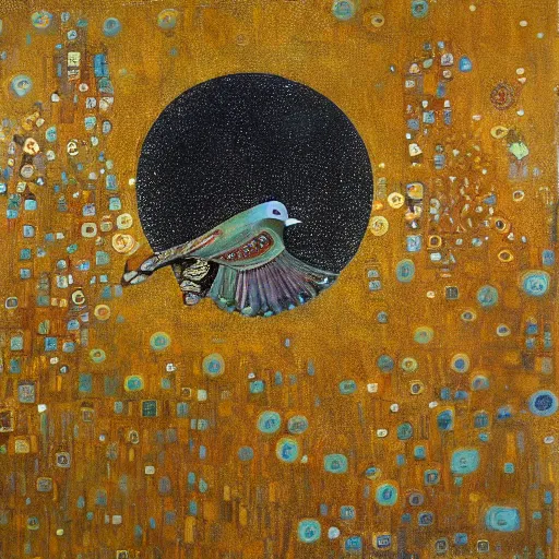 Prompt: a painting of a bird flying in front of a full moon in style of klimt