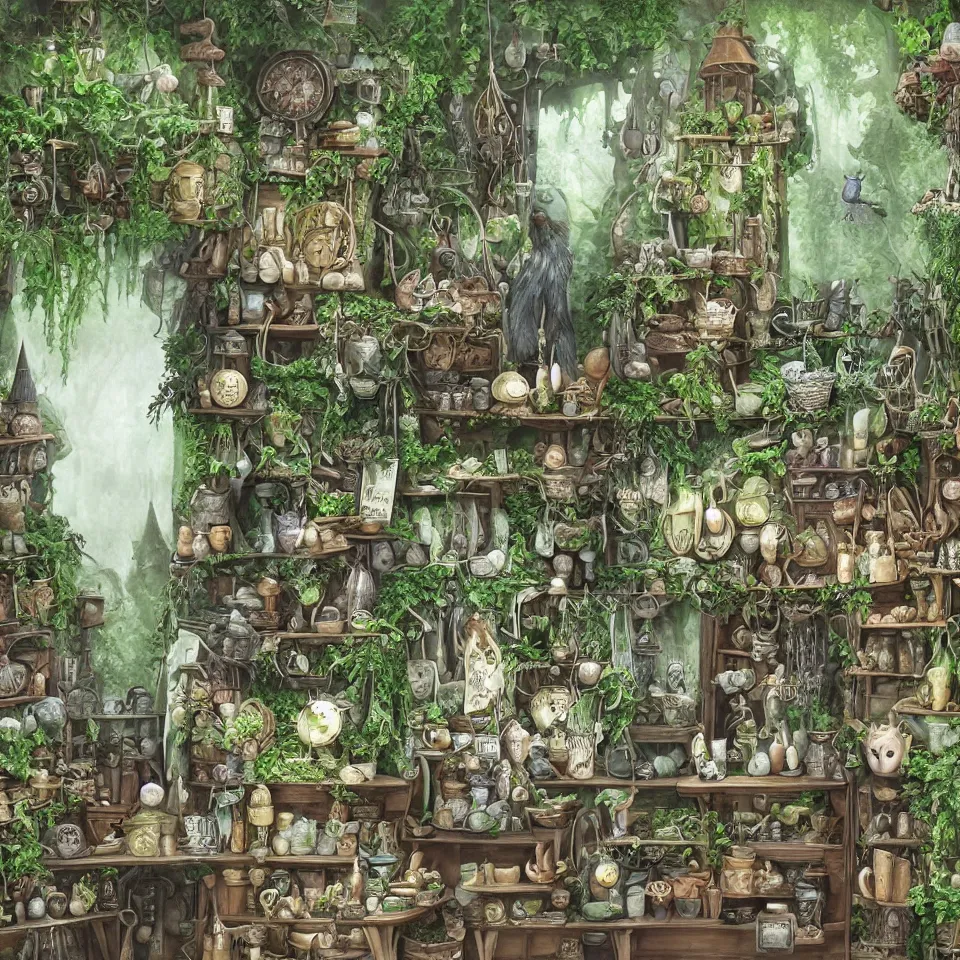 Image similar to small witch shop, counter, cauldrons, potions, visitor in a pointy hat, owls, ferns and vines, highly detailed, sharp focus, matte painting, by studio ghibli, by giovani magana,