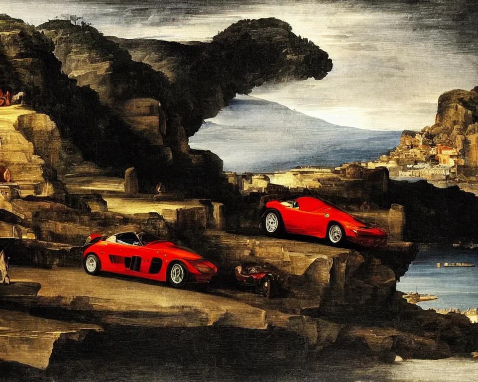 Prompt: a magnificent oil painting of a Ferrari driving along the amalfi coast, in a thunderstorm, by Raphael and Caravaggio.