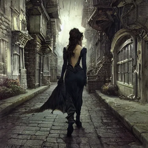 Image similar to back view of kate beckinsale as investigiator walking down street in arkham town, female, detailed face, gorgeous, amazing, new england architecture, 1 9 2 0 style, intricate, highly detailed, musculine, lovecraft illustration, painting by gaston bussiere, craig mullins