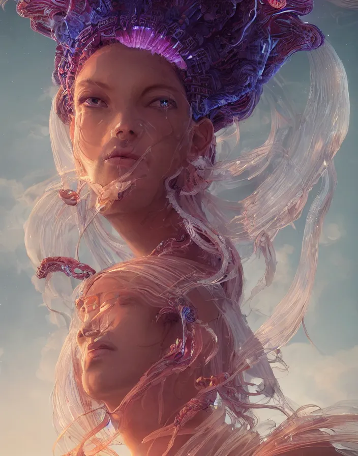 Image similar to goddess portrait. jellyfish phoenix head. intricate artwork by Tooth Wu and wlop and beeple. octane render, trending on artstation, greg rutkowski very coherent symmetrical artwork. cinematic, hyper realism, high detail, octane render, 8k, matte painting, peter mohrbacher, 3d