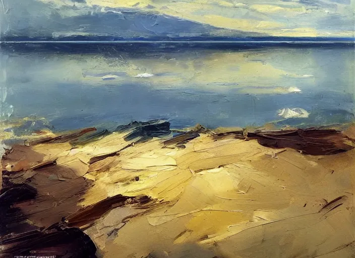 Image similar to palette knife, impasto oil painting of silent calm lake shore by frank auerbach, thick paint brush strokes, art by anders zorn, wonderful masterpiece by greg rutkowski, beautiful cinematic light, american romanticism by greg manchess, creation by tyler edlin