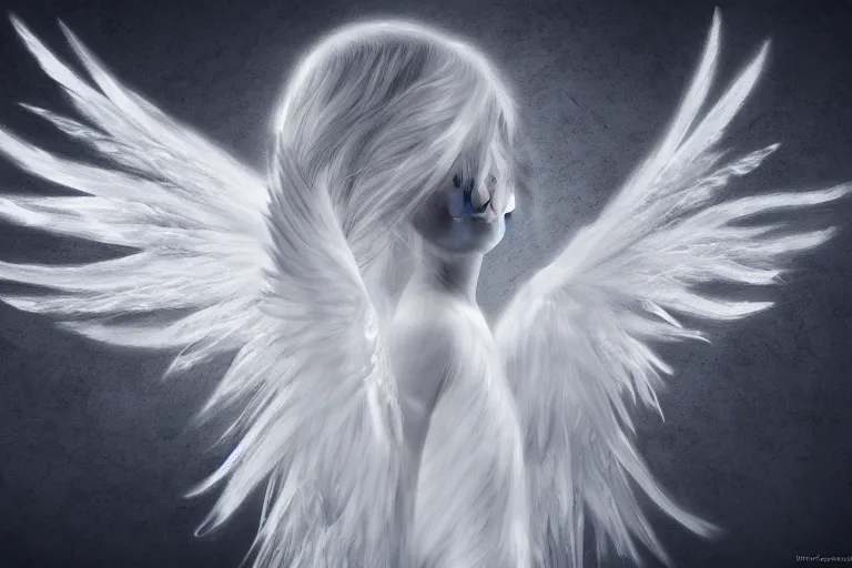a white angel with feathered wings open, digital art